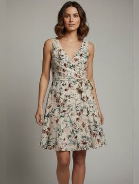 Sleeveless Floral V-Neck Belted Midi Dress - Cream Floral